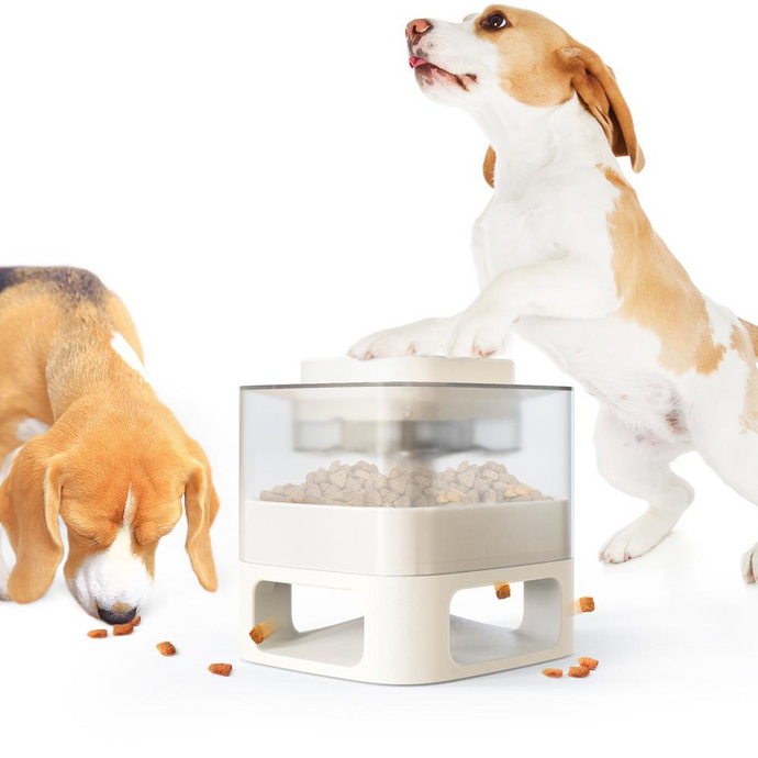 Dog Food/Treats Dispensing Container Toy | Interactive Pet Toy | Slower Feeder with Press Button, White